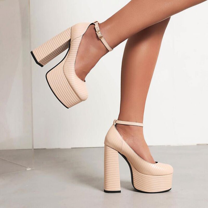 14厘米跟高圆头防水台粗跟超高跟单鞋女粉红色杏色蓝色大码鞋 hmw