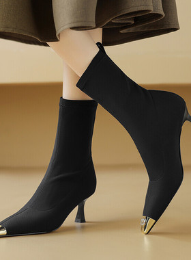 春秋单靴法式复古头细高跟短靴女弹力瘦瘦靴棕色灰色靴子大码鞋DL