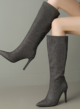 秋冬长靴性感外贸尖头细高跟高筒靴女棕色银灰色靴子大码女靴 AMY