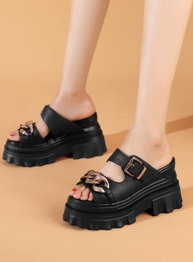 外穿真皮凉鞋夏季松糕厚底高跟凉拖坡跟拖鞋女白色绿色增高鞋 YT