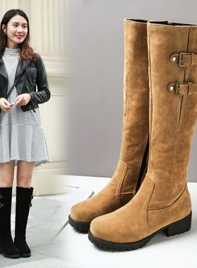 黄色米色靴子学院学生鞋高筒靴女休闲大码女靴小码女鞋 33-44 XY