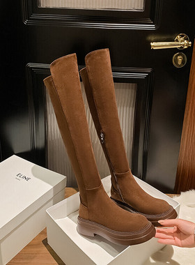 过膝秋冬款女鞋高筒长靴圆头松糕底皮靴真皮女靴MKMK