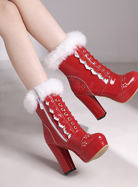 欧美外贸粗跟高跟短靴女漆皮白色蓝色绿色红色黄色靴子大码鞋 JSS