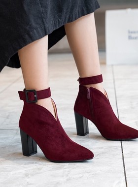 春秋女鞋绿色酒红色靴女粗跟高跟短靴裸靴大码女靴小码靴子 ASCP