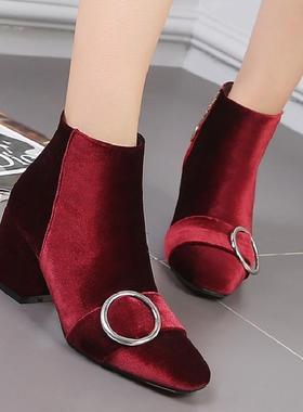 鞋女婚鞋工作金丝绒绿色酒红色特大码靴子 40-48 小码 32 33 yya