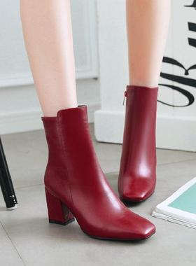 鞋女婚鞋伴娘工作方头粗跟大码红色白色短靴子 40-43 小码 32 xj