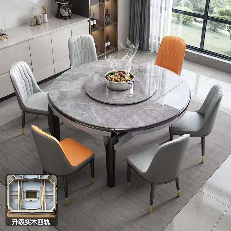 岩板餐桌餐椅组合小户型简约现代家用实木吃饭桌子圆桌可伸缩折叠