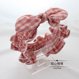 Ying.日系舒适 蝴蝶结洗脸发带女网红可爱格子束发带韩式褶皱花边