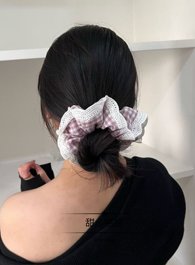 16cm大号～麻棉粉紫色布格子蕾丝花边褶皱大肠发圈棉麻丸子头发饰