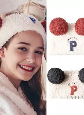 Ying.网红同款日本字母毛球球软绵绵月子帽头巾洗脸束发带宽边