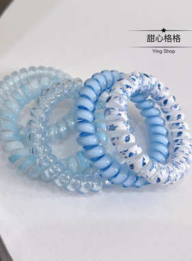 蓝色韩国电话线发圈简约耐用高弹力皮筋女扎头不伤发头绳马尾发绳