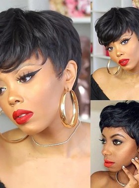 brazilian afro wig 100% human hair黑色真人短发假发套妈妈假发