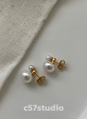 c57小众淡水双珍珠馒头珠美国14k注金耳钉