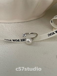 c57纯银正圆镜面无暇珍珠闪钻戒指女开口戒轻奢小众设计8-9大点位