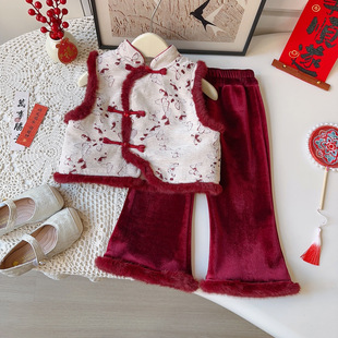 女童中国风刺绣马甲套装2026冬季新中式盘扣两件套宝宝富贵花年服