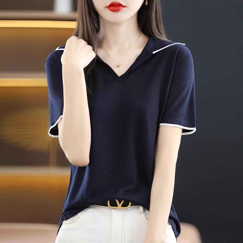 天丝针织短袖女夏超薄款polo领正肩t恤翻领拼色针织衫桑蚕丝上衣