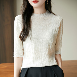 超薄款微透 半高领透视感针织衫女五分袖打底衫肌理褶皱感t恤内搭