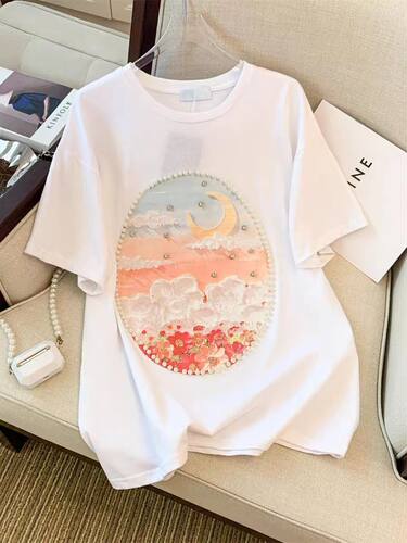 2025夏季新款韩版宽松显瘦上衣ins钉珠油画提花短袖纯棉T恤女潮