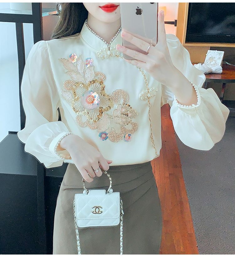 2025春季新款新中式刺绣钉珠盘扣改良旗袍长袖立体花朵衬衫T恤女