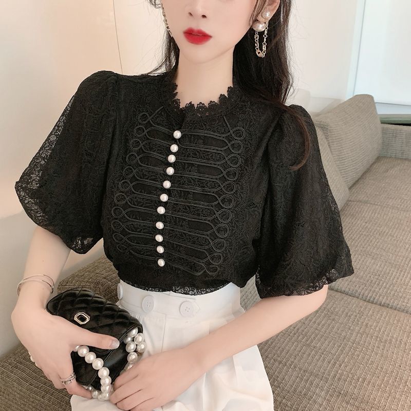 2025夏季新款韩版显瘦百搭钉珠雪纺衫泡泡袖蕾丝短袖T恤上衣女潮