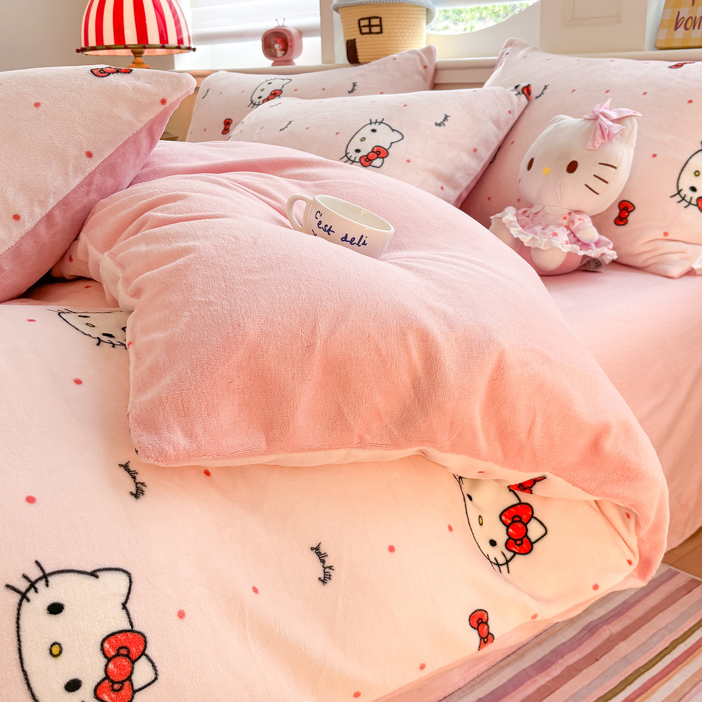 HelloKitty加厚牛奶绒冬天四件套珊瑚绒少女被套卡通床单人三件套