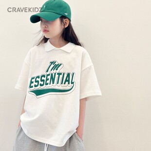 韩国女大童童装短袖POLO上衣T恤运动衫夏季女孩初中生白色运动服