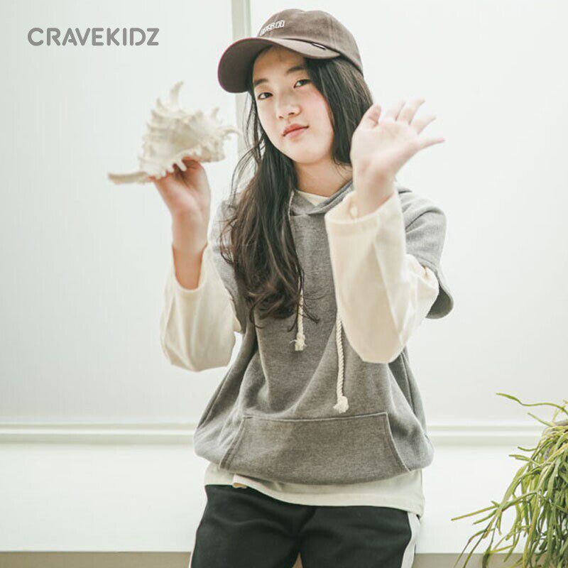 女童灰色连帽套头马甲秋季中大童装背心无袖坎肩上衣马夹外穿纯棉