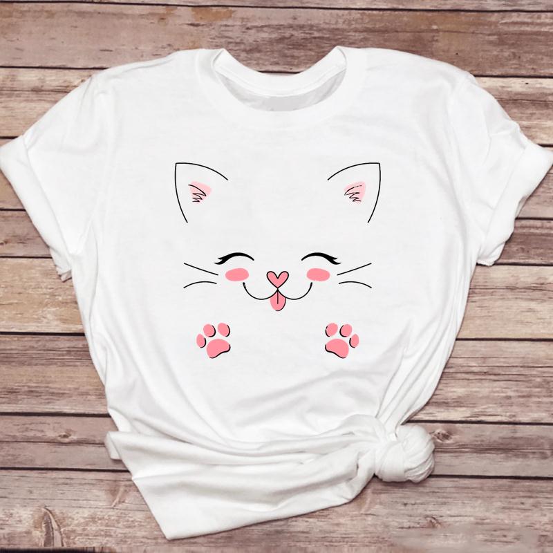 Lovely Cat T shirt可爱卡通黑猫短袖t恤女白色短款打底衫上衣女