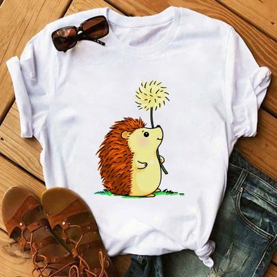 Cute s夏季女士 Fashion T  Cartoon Hedgehog Print 短袖 T-Shir