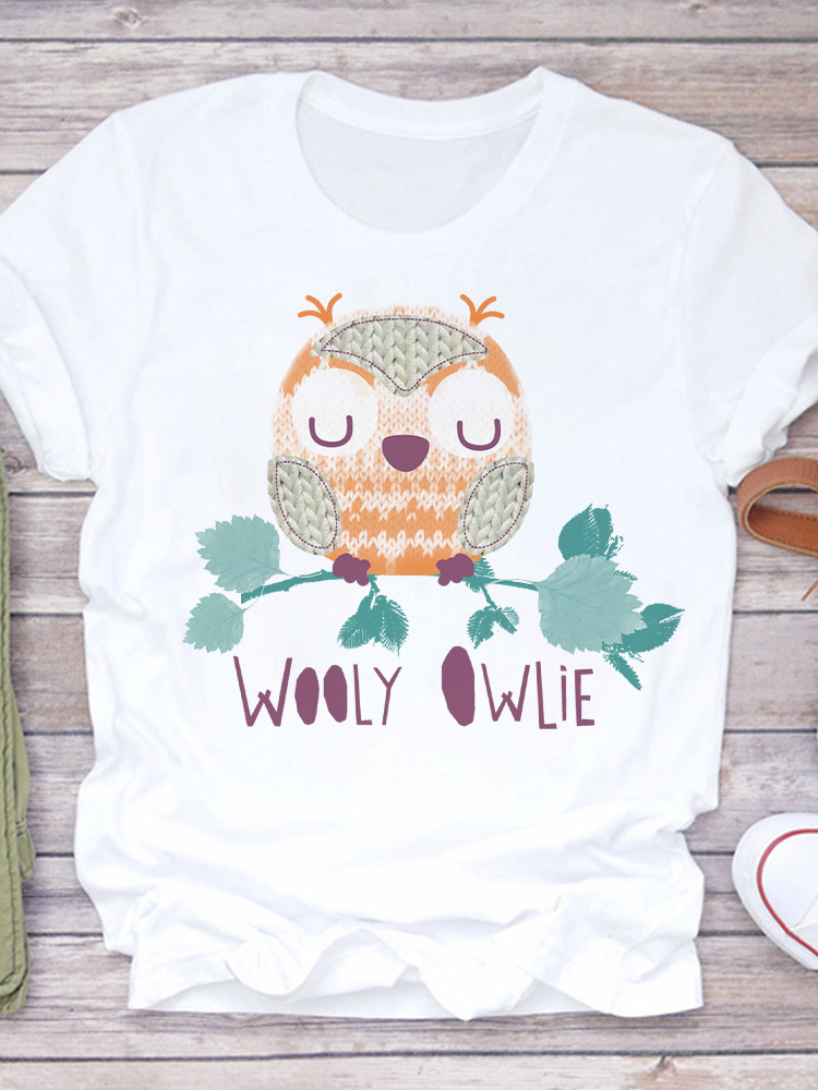 Owl Cartoon T-shirt猫头鹰印花卡通T恤短袖大码圆领时尚T恤女潮