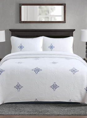 外贸出口双面纯棉床盖三件套轻奢白色绗缝被夹棉绣花床单四季通用