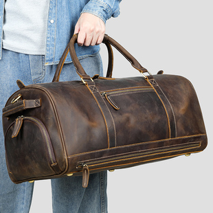 新款霸气大容量真皮行李包复古疯马皮手提旅行包旅行袋健身包50cm