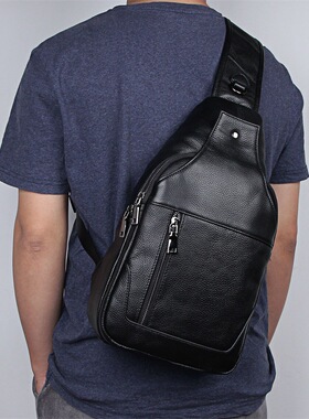手工真皮胸包大容量男士时尚头层牛皮单肩包黑色休闲挎包出行背包