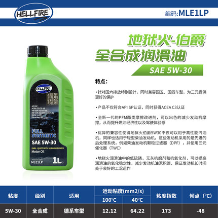 HELLFIRE伯爵MLE1LP欧规5W30酯类高性能全合成机油国六API SP /C3