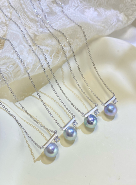 S925纯银平衡木海水珍珠项链，8-9mm天然无调色海水真多麻珍珠