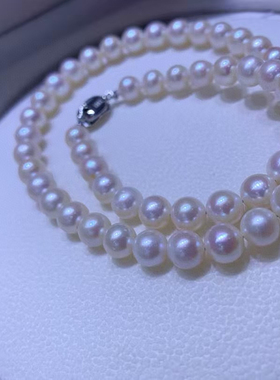 8-9毫米近正圆无核天然淡水珍珠项链 新年随手礼妈妈链纯银元宝扣