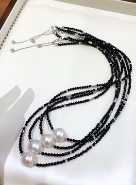 S925纯银黑尖晶珍珠项链，10-11mm天然淡水珍珠近正圆极微瑕