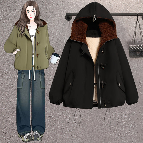 胖MM大码加绒老钱风宽松棉服