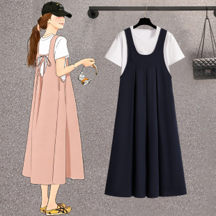 胖MM大码女装2026年夏季新款宽松洋气减龄遮肚背带裙两件套连衣裙