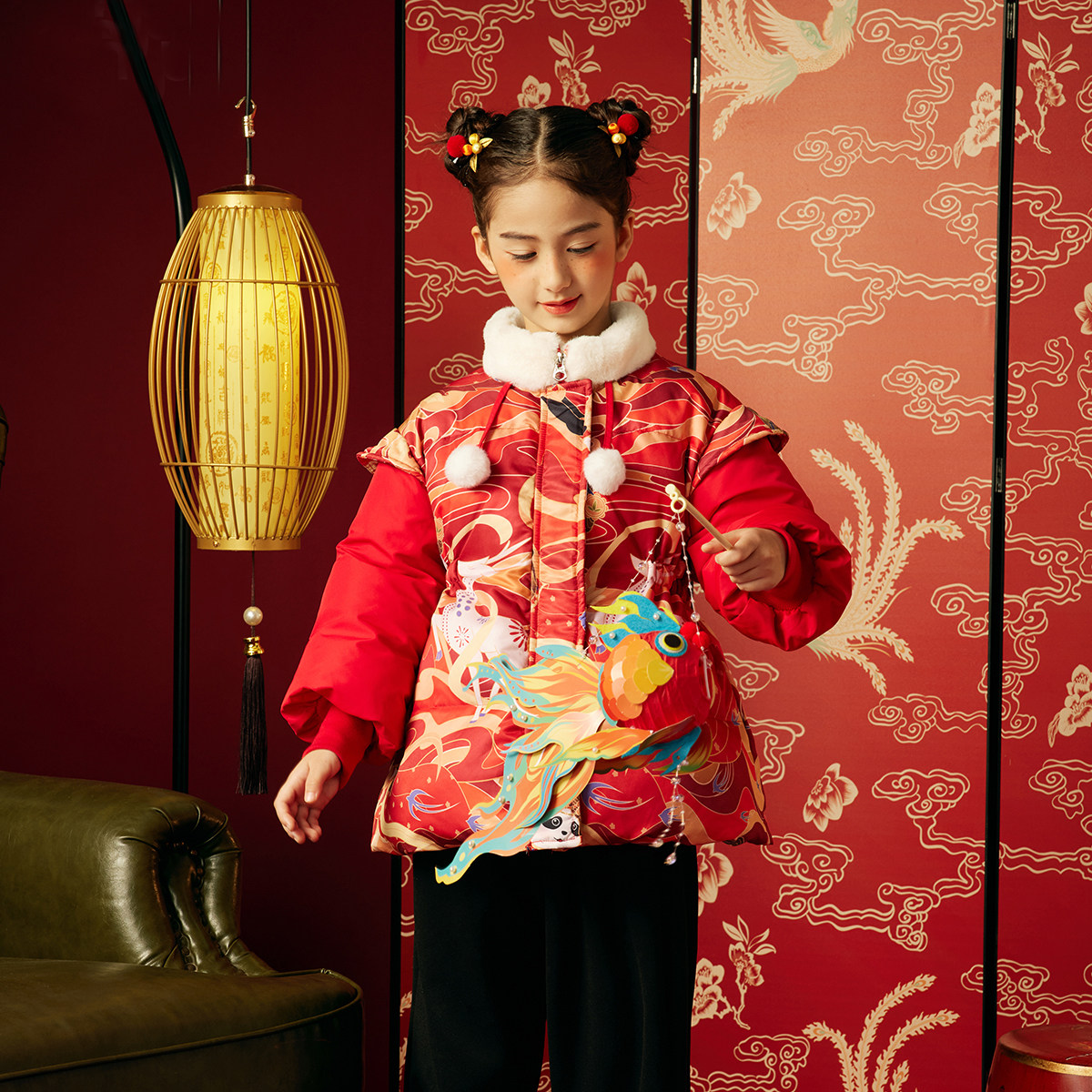 【飞天熊猫】笛牧女童棉服2023冬新款国潮短款加厚收腰儿童外套潮