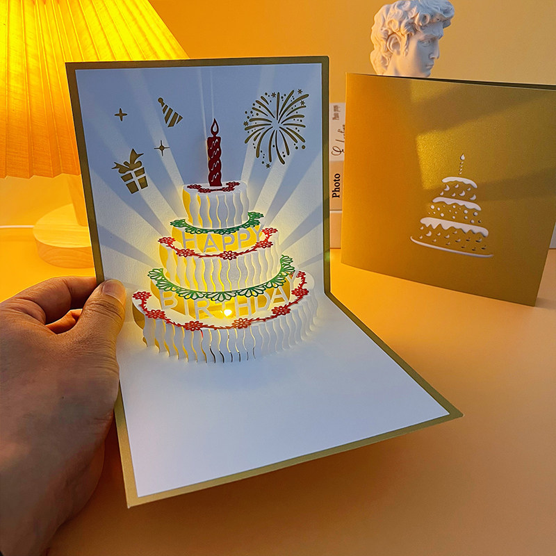 金色蛋糕生日立体贺卡音乐灯光创意商务高级感卡片企业员工定制