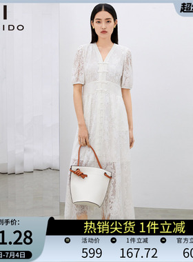 傲丝度秋季新款温柔淑女风白色蕾丝连衣裙短袖V领大摆裙高腰裙子