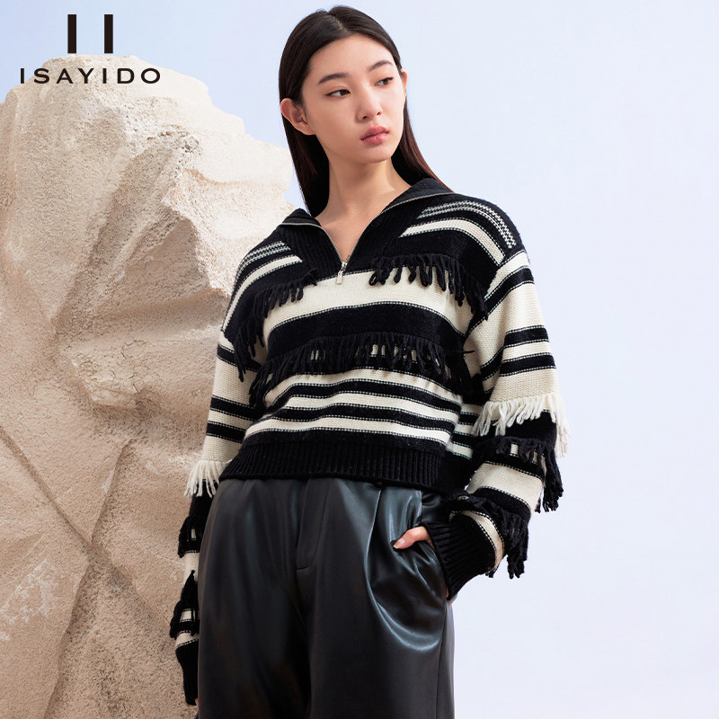 傲丝度设计感撞色条纹半拉链流苏针织衫女宽松套头百搭黑白毛衣,女装/女士精品,毛针织衫,淘宝优惠券,粉丝福利购,淘宝优惠卷