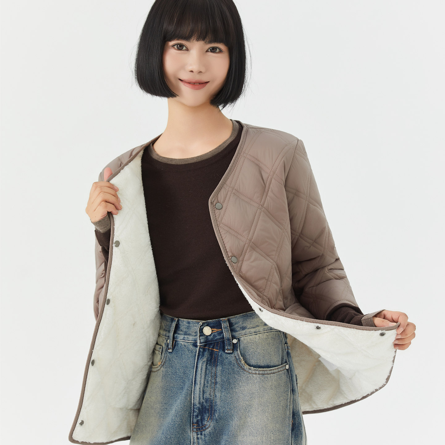 秋冬加绒棉衣女七分袖中长款轻薄修身内胆棉服百搭内穿羊羔绒棉袄