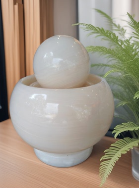 阿富汗白玉石风水球流水生财摆件新中式客厅办公室乔迁送礼装饰品
