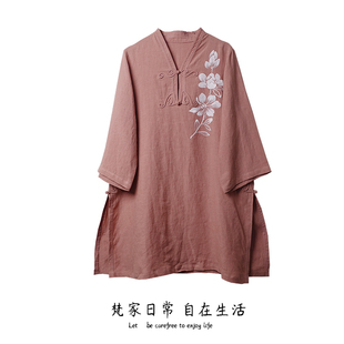 茶服 晨曦2025年夏季 新款 手工蝴蝶盘扣古风上衣宽松套头七分袖 衬衫