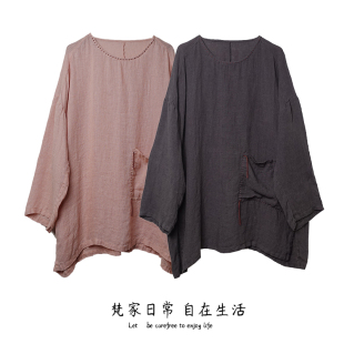 上衣手工缝线套头落肩衬衫 小轩窗 古风宽松长袖 新款 2025年秋季