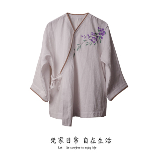 古风交领白衬衫 月落 七分袖 2025年夏季 斜襟系带宽松上衣茶服 新款