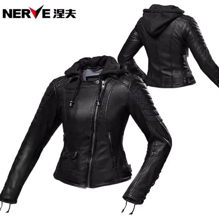 NERVE进口羊皮17007平日与骑行两用摩托车皮衣车服可拆护具帽领女