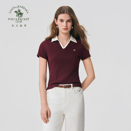 【莱卡面料】圣大保罗女短袖POLO衫2026春夏新品翻领条纹休闲上衣